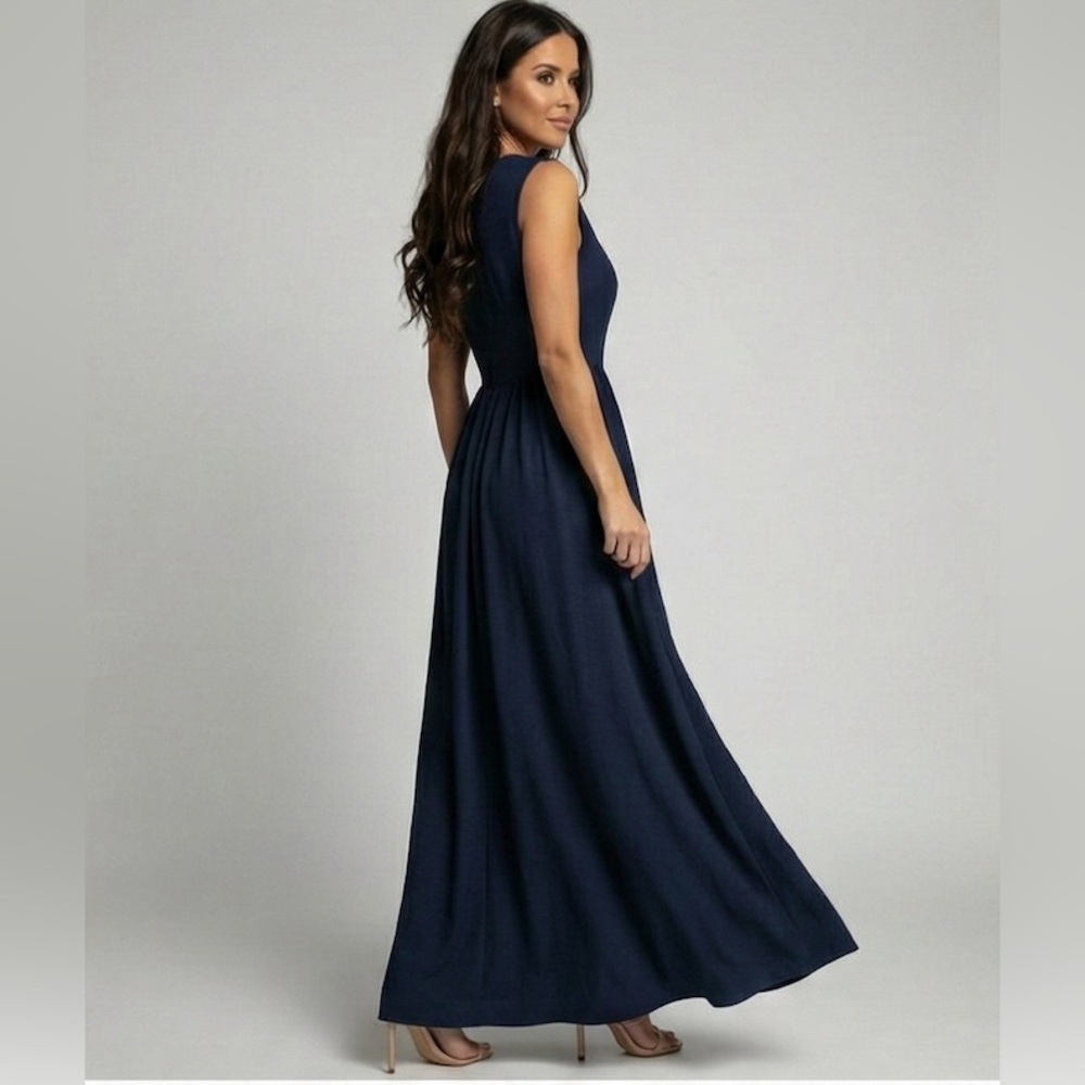 Gathered-Waist A-Line Maxi Dress With Pockets Blue - Picture 6 of 7